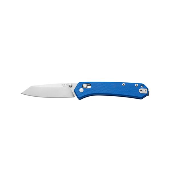 MKM YIPPER - MAGNACUT SW bld - BLUE G10 hdl, CROSS BAR LOCK, S/S LINER, SPACER AND CLIP, THUMB STUD OPENING +ZIP NYLON POUCH