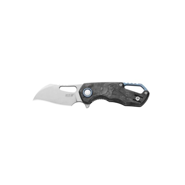 MKM ISONZO – M390 SATIN HAWKB bld - MARBLE CF hdl, BLU Ti SPACER & RING - S/S LINER LOCK & REV. CLIP, FLIPPER - THUMB HOLE OPENING +ZIP NYLON POUCH