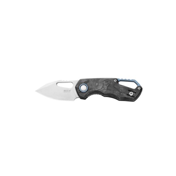 MKM ISONZO – M390 SATIN CLIP P. bld - MARBLE CF hd, BLU Ti SPACER & RING - S/S LINER LOCK & REV. CLIP, THUMB HOLE OPENING +ZIP NYLON POUCH